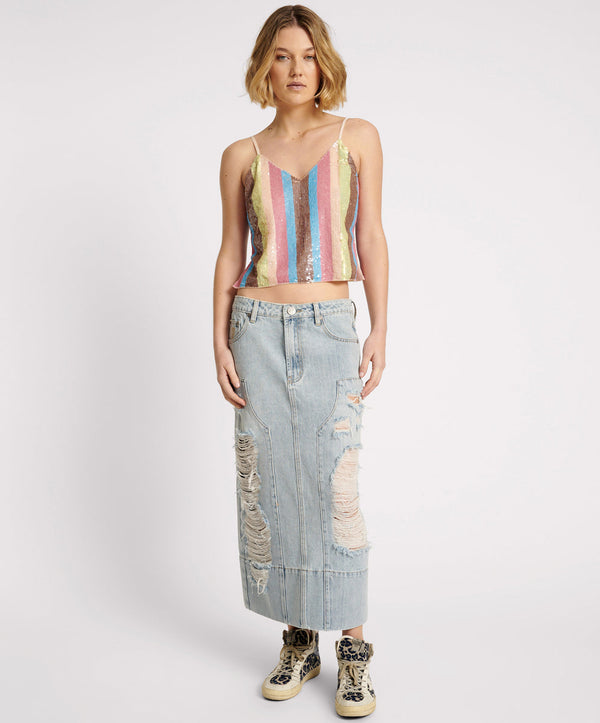 one teaspoon Cassidy Mid Waist Long Denim Column Denim Skirt - Fleetwood