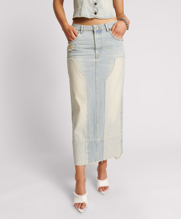 One Teaspoon Cassidy Mid Waist Long Denim Column Denim Skirt - Old West