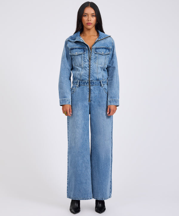 One Teaspoon Charli Wide Leg Aviator Denim Jumpsuit - Pretty Blue