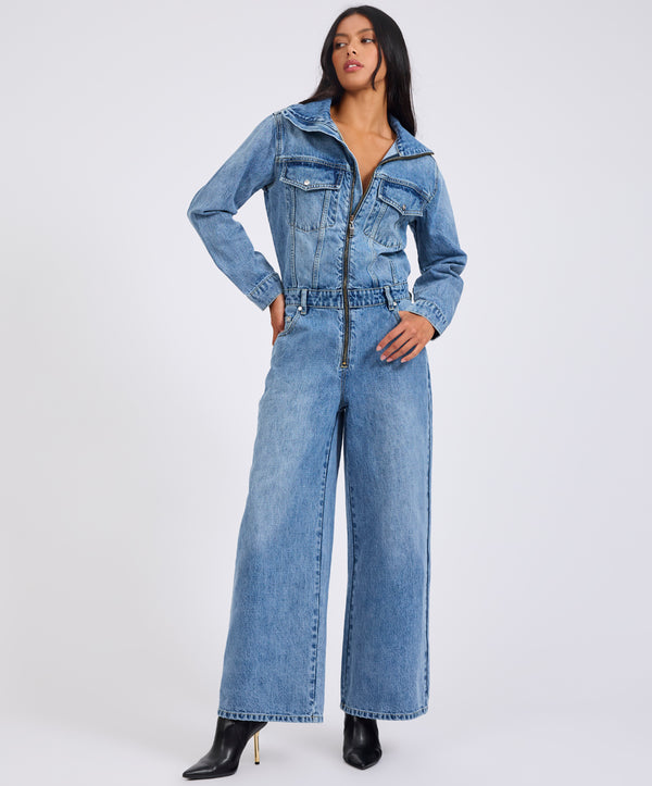 One Teaspoon Charli Wide Leg Aviator Denim Jumpsuit - Pretty Blue