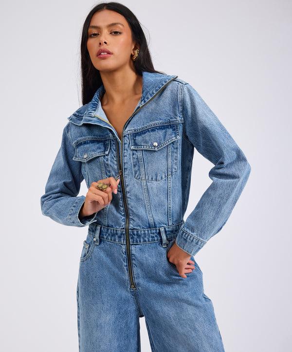 One Teaspoon Charli Wide Leg Aviator Denim Jumpsuit - Pretty Blue