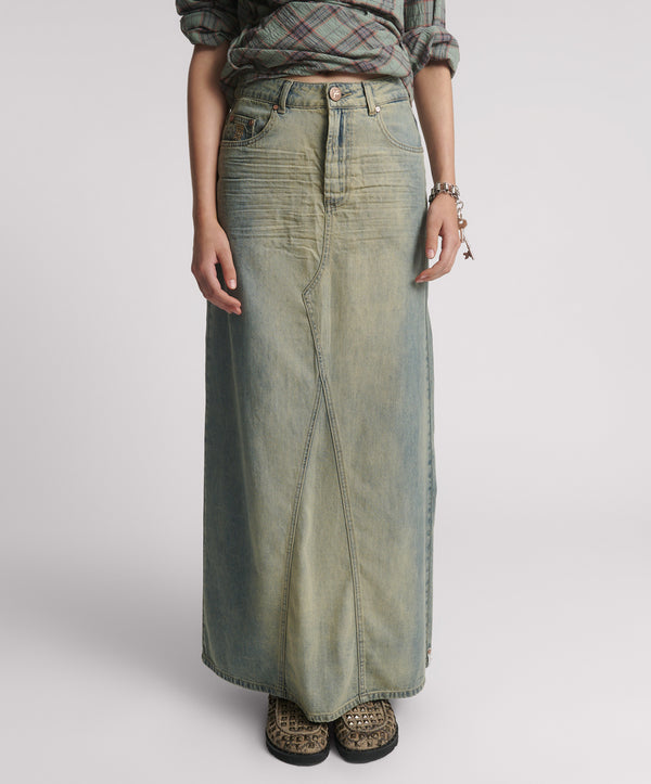 One Teaspoon Column Mid Waist Maxi Denim Skirt - Blue Sand