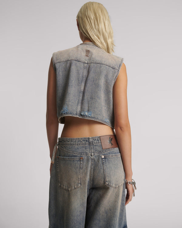 One Teaspoon Cropped Denim Utility Vest - Island Blue