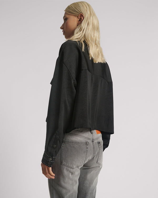One Teaspoon Crushed Satin Oversized Pocket Cropped Shirt - Black