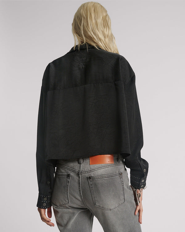 One Teaspoon Crushed Satin Oversized Pocket Cropped Shirt - Black