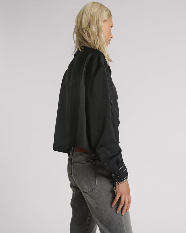 One Teaspoon Crushed Satin Oversized Pocket Cropped Shirt - Black