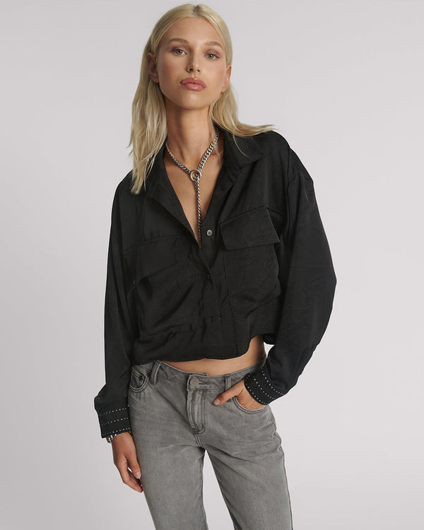 one teaspoon Crushed Satin Oversized Pocket Cropped Shirt - Black