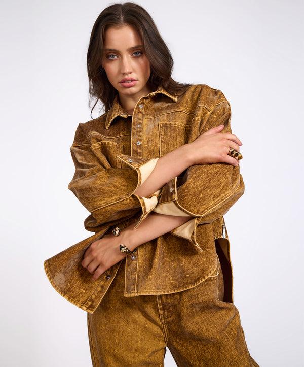 One Teaspoon Daria Flocked Denim Shacket - Burnt Tobacco