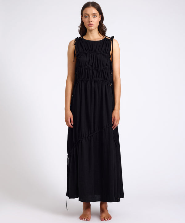 One Teaspoon Evelyn Gathered Ruched Maxi Dress - Black