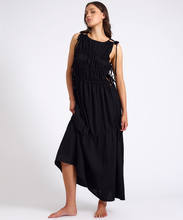 One Teaspoon Evelyn Gathered Ruched Maxi Dress - Black