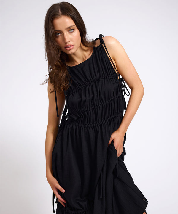 One Teaspoon Evelyn Gathered Ruched Maxi Dress - Black