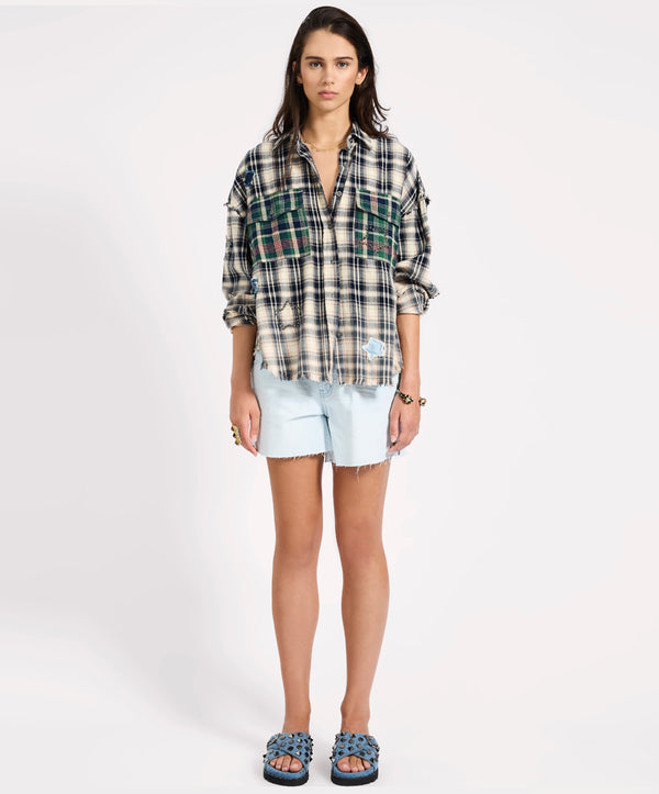 One Teaspoon Flannel Star Studded Shirt - Cream Blue Check