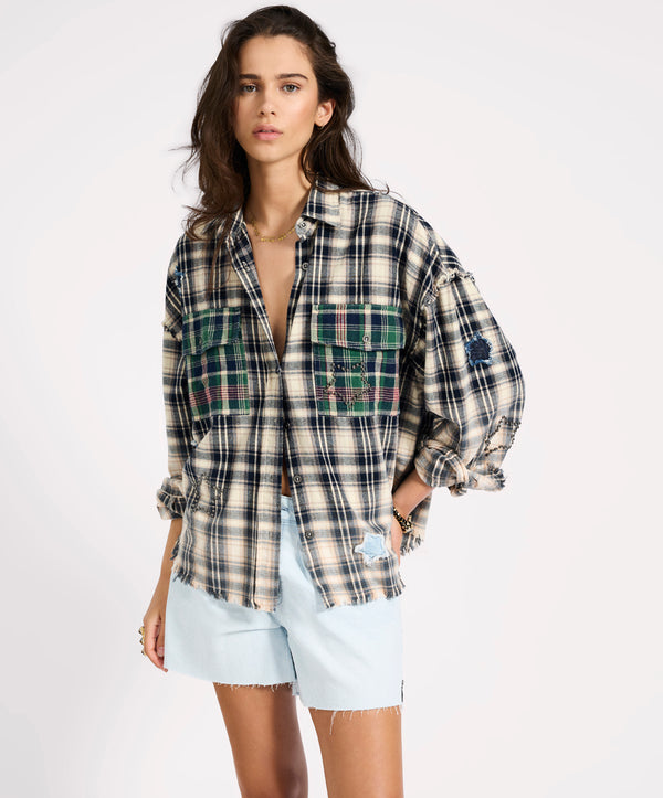 One Teaspoon Flannel Star Studded Shirt - Cream Blue Check