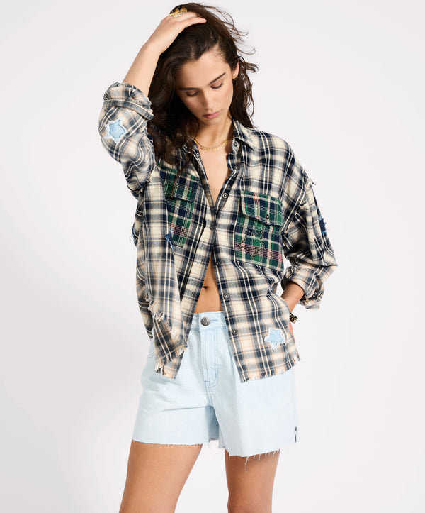 one teaspoon Flannel Star Studded Shirt - Cream Blue Check