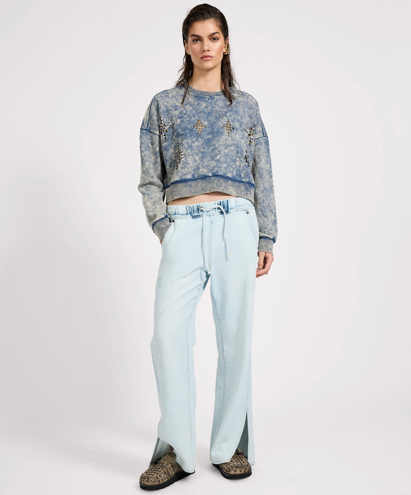 One Teaspoon Fleece Cropped Star Studded Sweater - Acid Wash Blue
