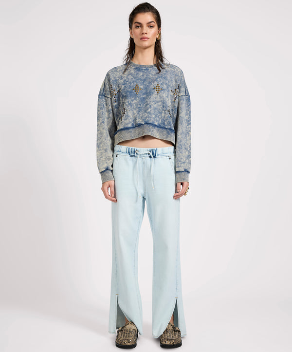One Teaspoon Fleece Cropped Star Studded Sweater - Acid Wash Blue