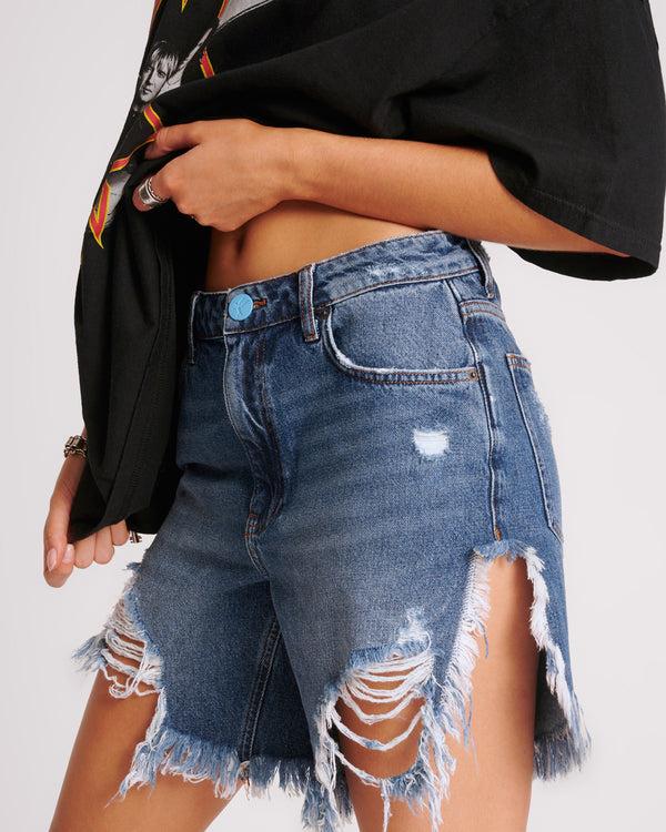 One Teaspoon Frankies High Waist Long Length Denim Shorts - Blue Thunder