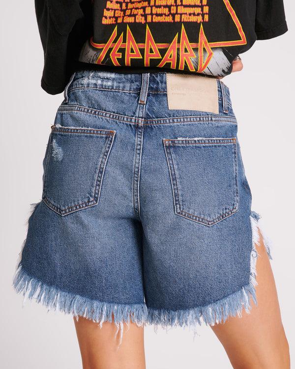 One Teaspoon Frankies High Waist Long Length Denim Shorts - Blue Thunder