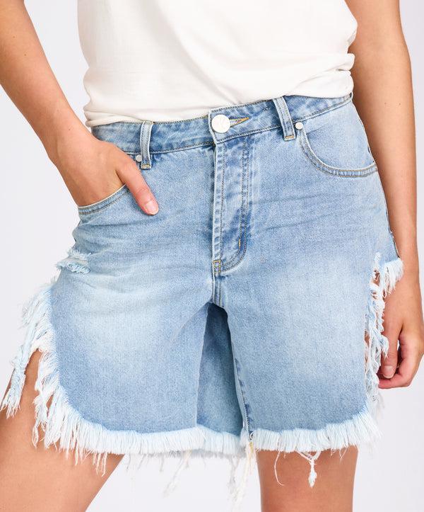 One Teaspoon Frankies High Waist Long Length Denim Shorts - Santa Cruz Blue