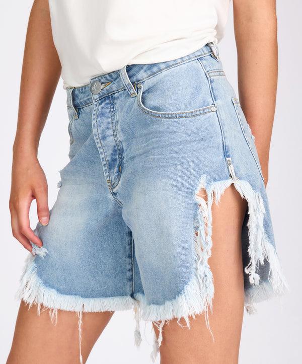 One Teaspoon Frankies High Waist Long Length Denim Shorts - Santa Cruz Blue