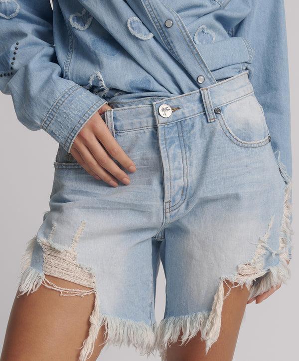 One Teaspoon Frankies Low Waist Long Length Denim Shorts - Blue Heart