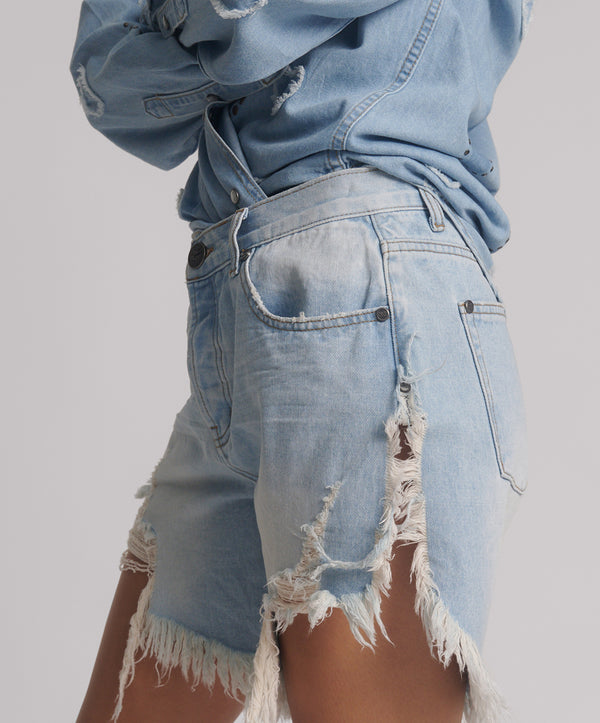 One Teaspoon Frankies Low Waist Long Length Denim Shorts - Blue Heart