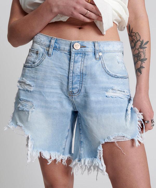 One Teaspoon Frankies Low Waist Long Length Denim Shorts - Blue Latte