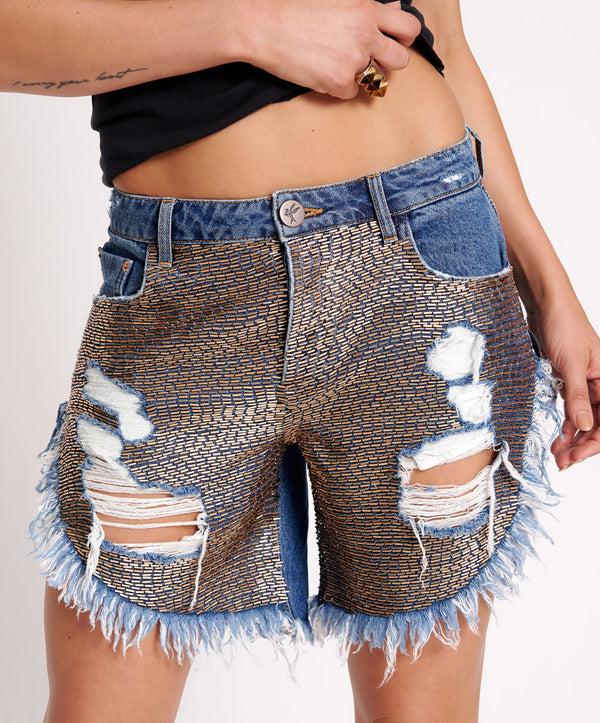 One Teaspoon Frankies Low Waist Long Length Denim Shorts - Embellished Blue