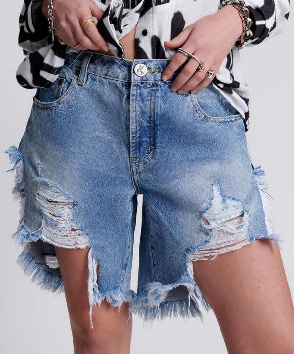 One Teaspoon Frankies Low Waist Long Length Denim Shorts - Misty Blue