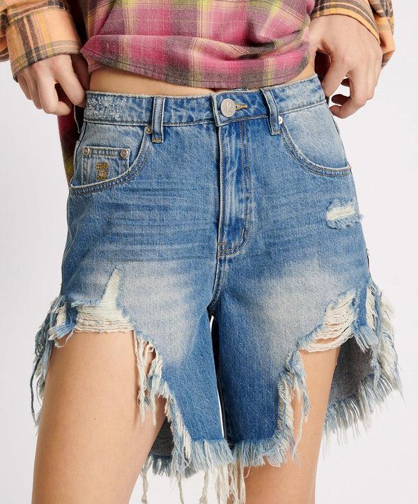 One Teaspoon Frankies Low Waist Long Length Denim Shorts - Pacifica