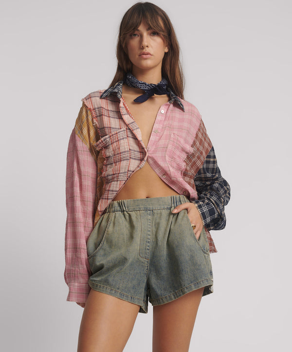 One Teaspoon Funks High Waist Elasticated Flippy Denim Short - Blue Sand