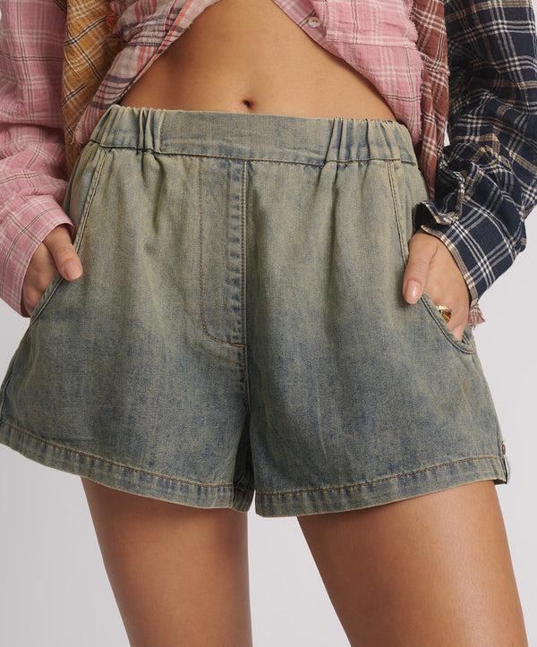 One Teaspoon Funks High Waist Elasticated Flippy Denim Short - Blue Sand