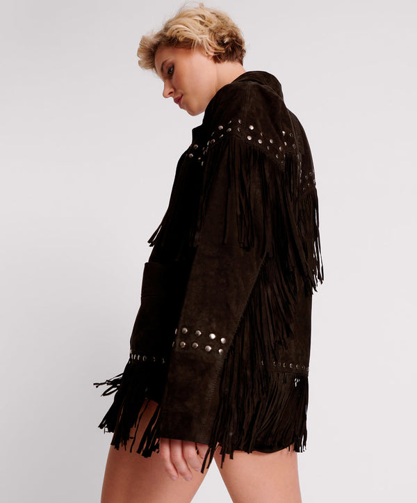 One Teaspoon Gothic Rodeo Fringed Suede Leather Studded Jacket - Black
