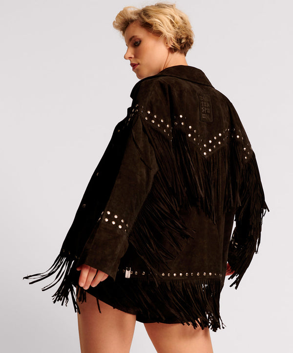 One Teaspoon Gothic Rodeo Fringed Suede Leather Studded Jacket - Black