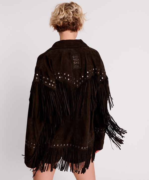 One Teaspoon Gothic Rodeo Fringed Suede Leather Studded Jacket - Black