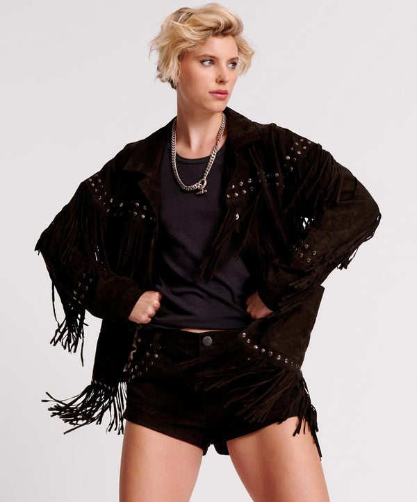 one teaspoon Gothic Rodeo Fringed Suede Leather Studded Jacket - Black