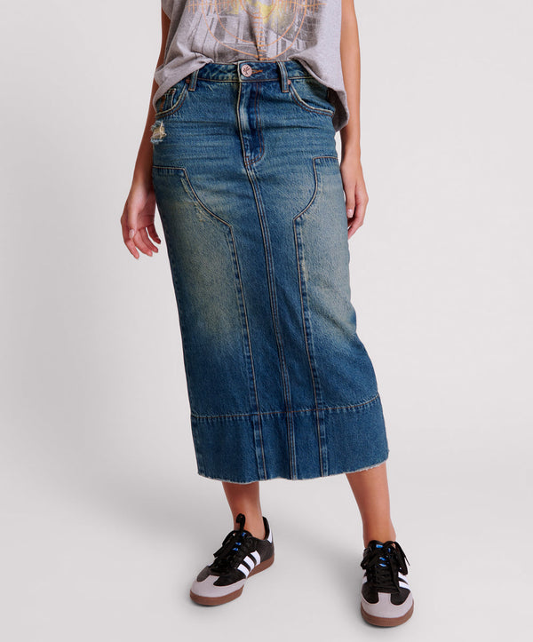 One Teaspoon GRITTY BLUE CASSIDY MID WAIST LONG DENIM COLUMN SKIRT