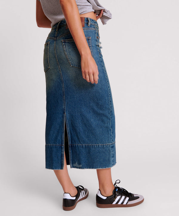 One Teaspoon GRITTY BLUE CASSIDY MID WAIST LONG DENIM COLUMN SKIRT