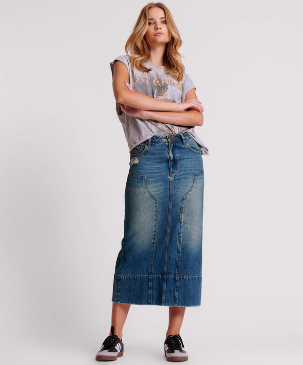 one teaspoon GRITTY BLUE CASSIDY MID WAIST LONG DENIM COLUMN SKIRT