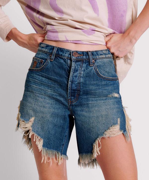 One Teaspoon GRITTY BLUE FRANKIES HIGH WAIST LONG LENGTH SHORTS