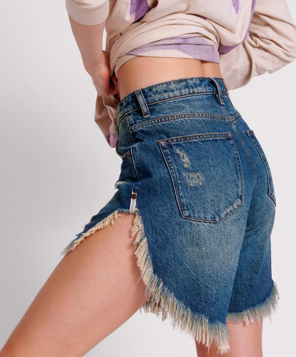 One Teaspoon GRITTY BLUE FRANKIES HIGH WAIST LONG LENGTH SHORTS