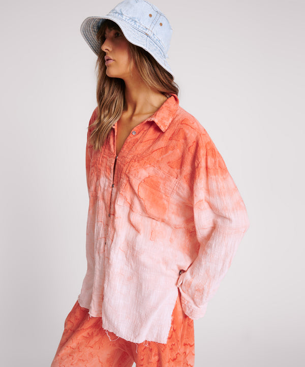 One Teaspoon Hand Painted Sunset Muslin Longline Shirt - Coral
