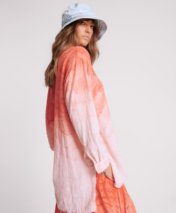 One Teaspoon Hand Painted Sunset Muslin Longline Shirt - Coral