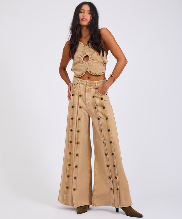 One Teaspoon Hollywoods High Waist Wide Leg Denim Jeans - Warm Tan