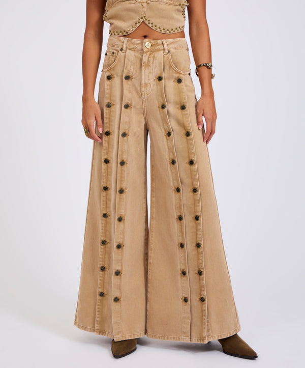 One Teaspoon Hollywoods High Waist Wide Leg Denim Jeans - Warm Tan