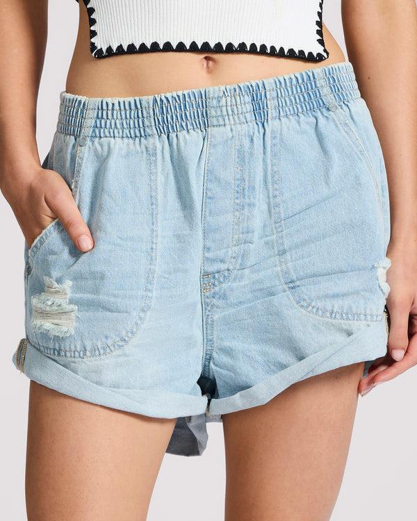 One Teaspoon Hunters Mid Waist Boyfriend Elasticated Denim Shorts - Sportster Blue