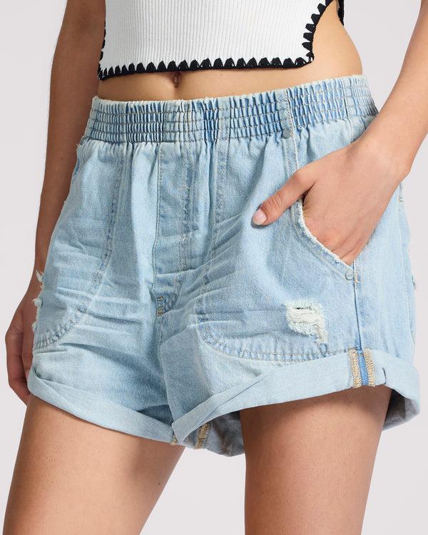 One Teaspoon Hunters Mid Waist Boyfriend Elasticated Denim Shorts - Sportster Blue