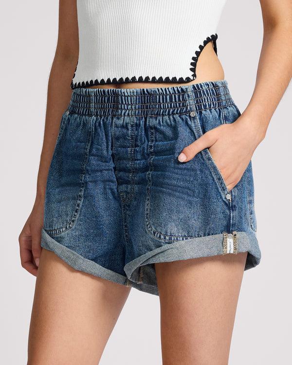 One Teaspoon Hunters Mid Waist Boyfriend Elasticated Denim Shorts - Blue Love