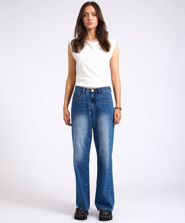 One Teaspoon Jackson Mid Waist Wide Leg Denim Jeans - Blue Animal
