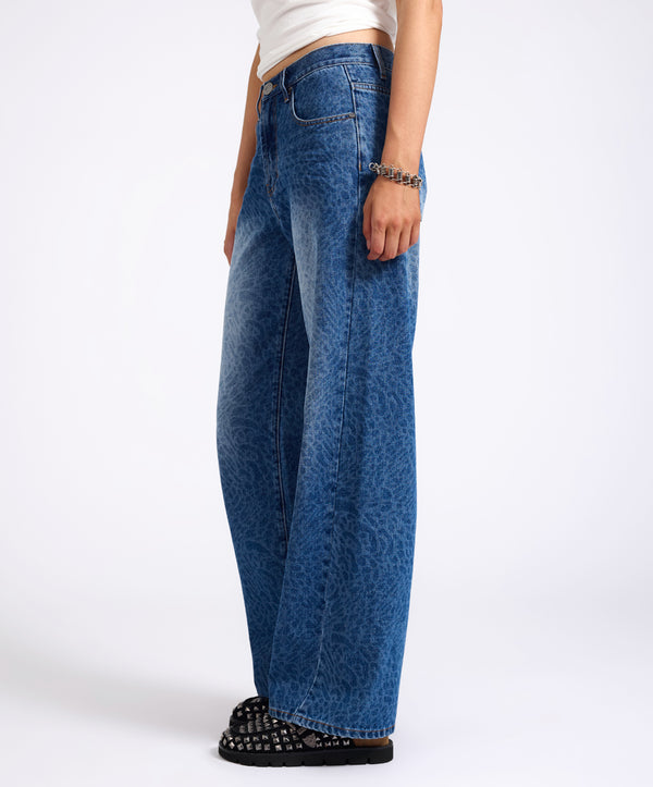 One Teaspoon Jackson Mid Waist Wide Leg Denim Jeans - Blue Animal